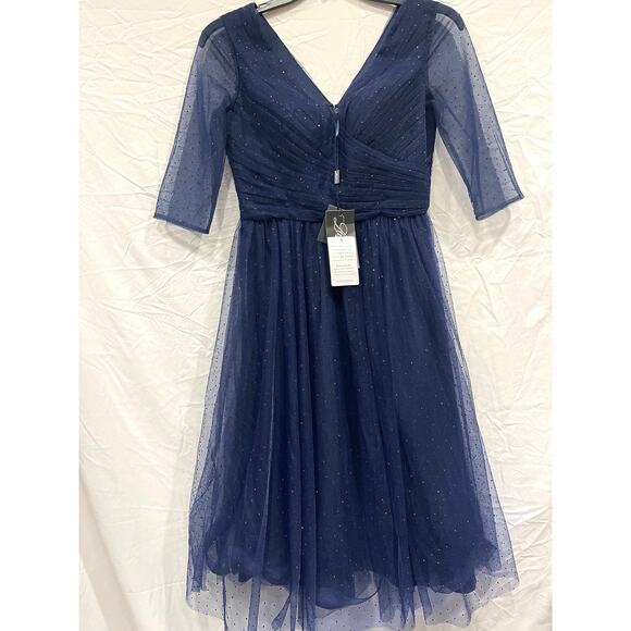 La Femme Sheer Fit & Flare Cocktail Dress Rhinestone Tulle Midnight Navy Blue - Picture 1 of 16